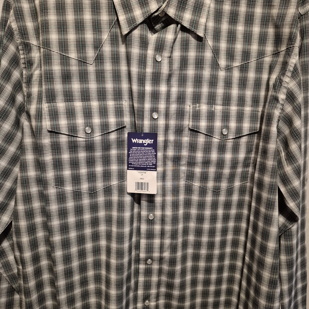 NWT LARGE TALL Luxury Wrangler Western Men's Black & White Plaid Shirt - Picture 2 of 15